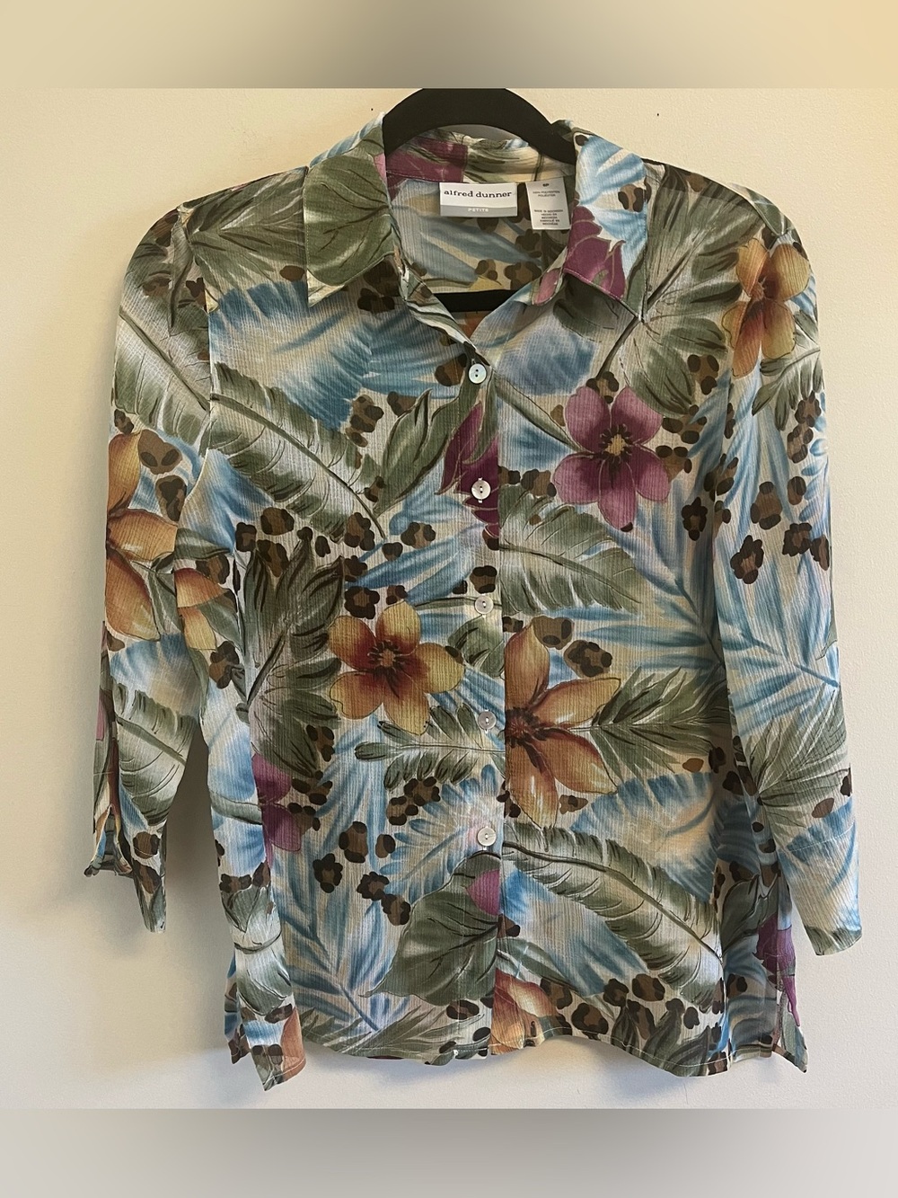 Vintage Tropical Shirt Floral Semi Sheer Woven Polyester 3/4 Sleeve 6 Petite